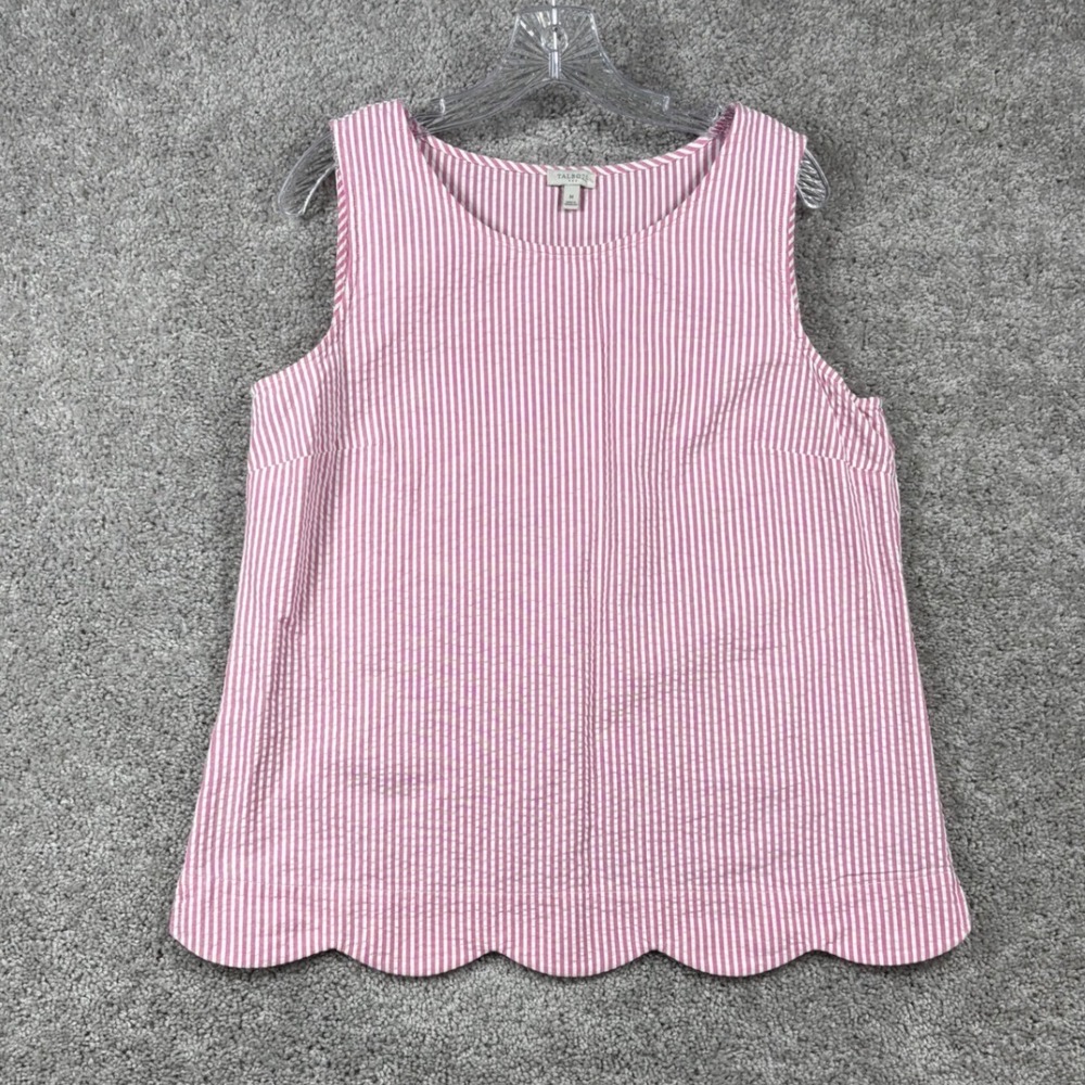 Talbots Pink White Striped Seersucker Scalloped Hem Sleeveless Top M 4669